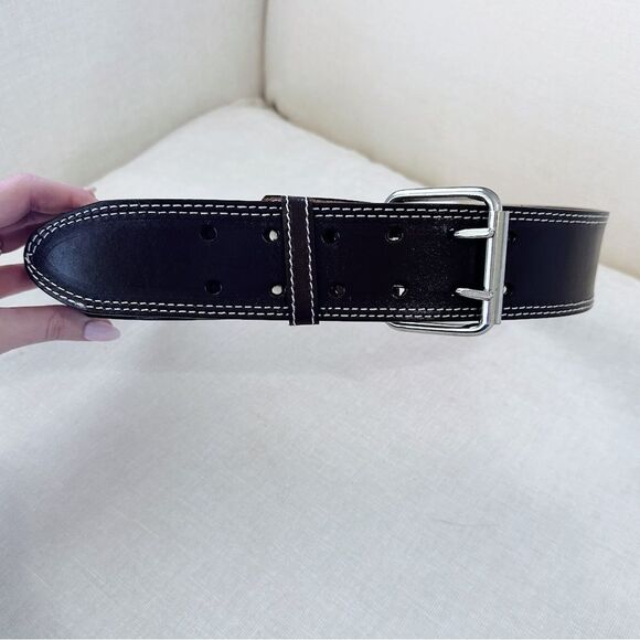 NEW Deep Brown Chunky Leather Belt with Silver Buckle - Picture 1 of 3
